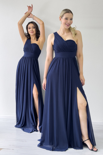 zks grup tekstil Kadın Tek Omuz Piliseli Kloş Abiye Elbise Lacivert