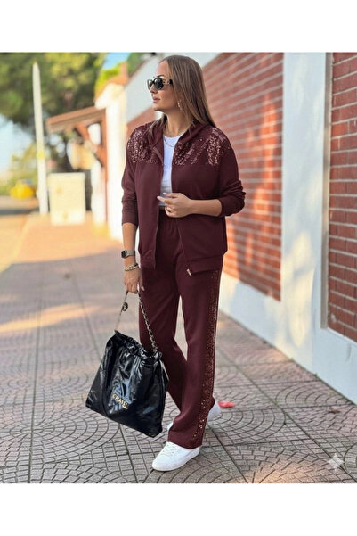 martcini Women's Long Sleeve Front Zipper Sequin Top and Bottom Viscose Two-Piece Set