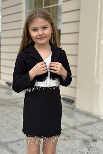 Riccotarz Girl's Blazer Jacket and Black Skirt Suit with Fringed Crop and Skirt