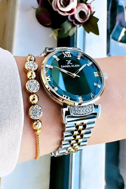 Daniel Klein Stoned Waterproof Women Wristwatch Gold Silver Green Steel Band Gift Bracelet Dkby2032C3