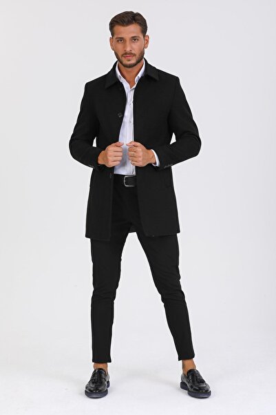 Mero Life Ανδρικό μαύρο παλτό με γιακά πουκάμισο με κασέ