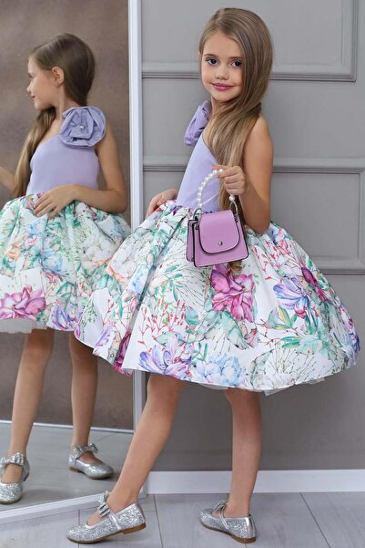 Riccotarz Βραδινό φόρεμα για κορίτσια με έναν ώμο με τριαντάφυλλο καρφίτσα με φουσκωτό λουλούδι με λιλά