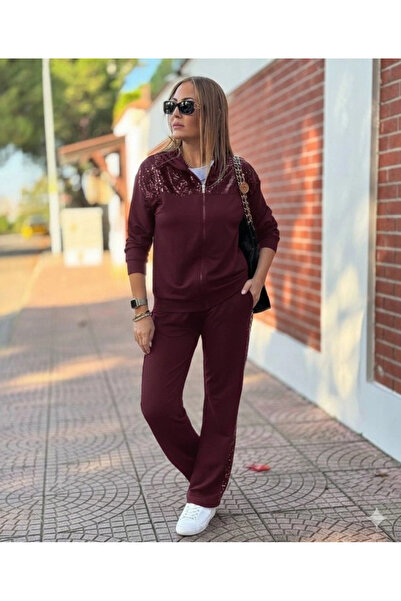 martcini Women's Long Sleeve Front Zipper Sequin Top and Bottom Viscose Two-Piece Set