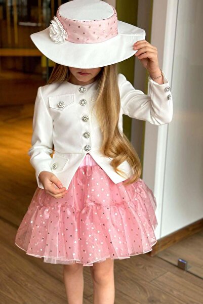 Riccotarz Girl's Jewelled Button Detailed Blazer Jacket and Polka Dot Layer Tulle Pink Skirt Set