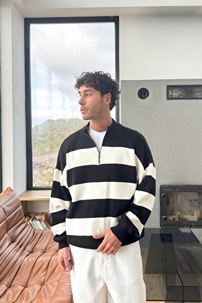 Flaw Wear Tricotaj cu fermoar în dungi Pulover negru