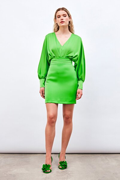 Sateen Mini Satin Skirt with Waist Detail - LIGHT GREEN