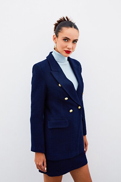 Sateen Кнопковий твітовий піджак - СИНІЙ
