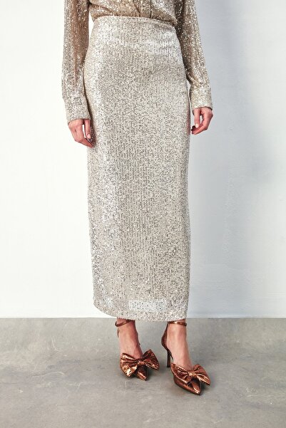 Sateen Payetli Uzun Etek - AÇIK BEJ