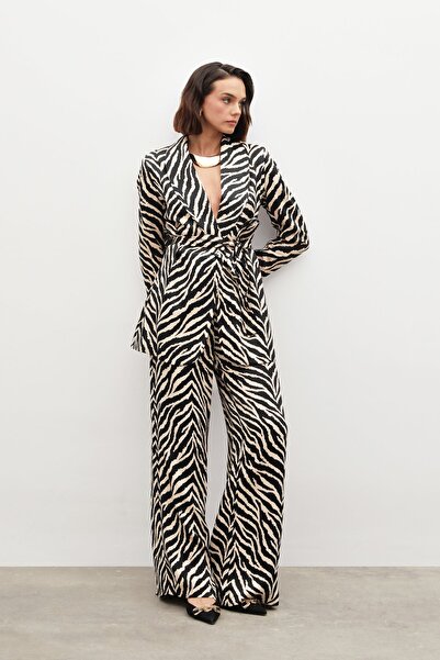 Sateen Pantaloni din satin cu imprimeu zebră - Negri