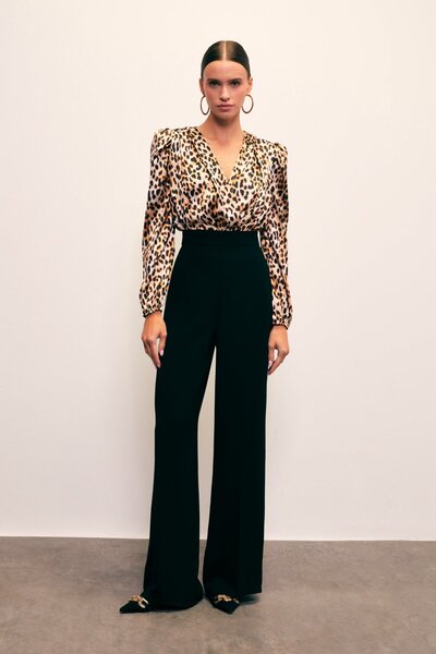 Sateen Double-Breasted Leopard Print Bodysuit Blouse - Black-Brown