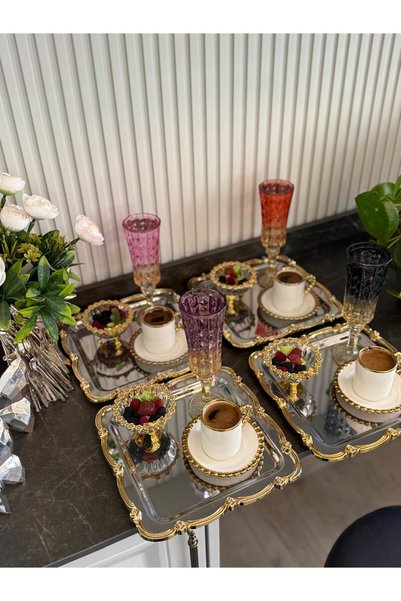 atabey home collection 6 Pieces Presentation Tray Rose Frame Gold Strip-Silver Tray