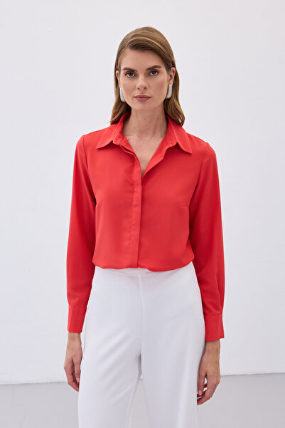 Sateen Klasik Düz Gömlek - Kırmızı