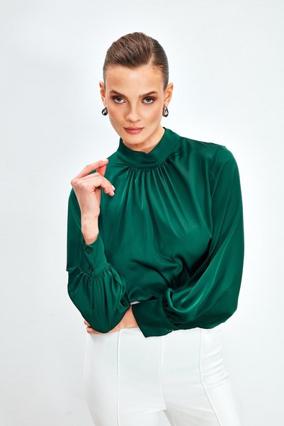 Sateen Collar Detailed Satin Blouse - Emerald