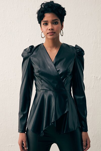 Sateen Double Breasted Leather Blouse - Black