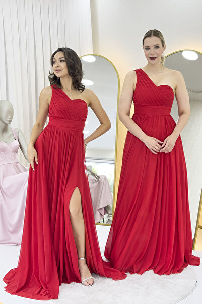 zks grup tekstil Kadın Tek Omuz Piliseli Kloş Abiye Elbise Lacivert, Siyah, K...