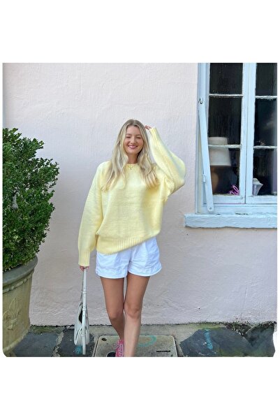 Gülce moda Kadın Limon Sarısı Bisiklet Yaka Yumuşak Dokulu Oversize Triko Kazak
