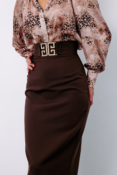 Sateen Aksesuar Detaylı Kalem Etek - Kahve