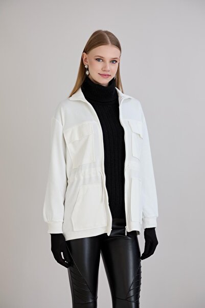 Sortie Women's Zippered Mock Neck Pocket Detail Adjustable Waist Ecru Color Modal Thin Jacket