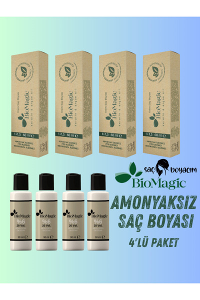 BIOMAGIC Saç Boyacım Mendil+Bio Magic Amonyaksız Saç Boyası 4.00 Kahve X 4 Adet & 20 Vol. Oksidan