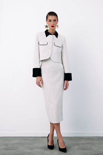 Sateen Tweedová sukně s ozdobnými knoflíky - kámen