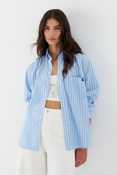 MARKALİSTE Striped oversize poplin shirt light blue