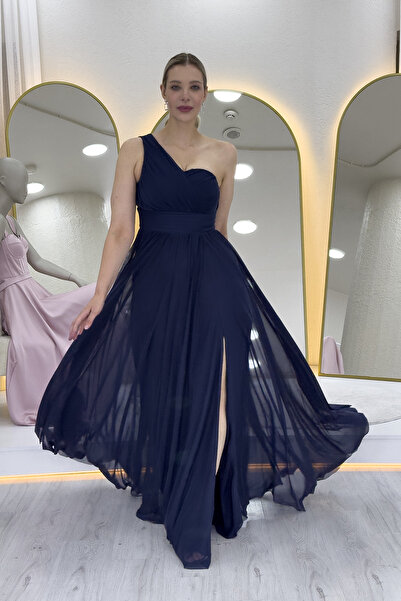 thezkscom Women's One Shoulder Pleated Flared Evening Dress Navy Blue