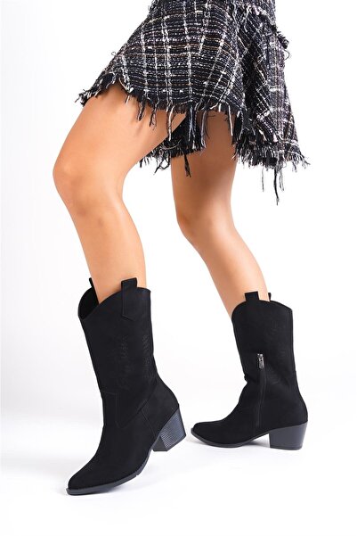 Preshley Női Lori fekete velúr hímzett cipzáras Western Cowboy csizma