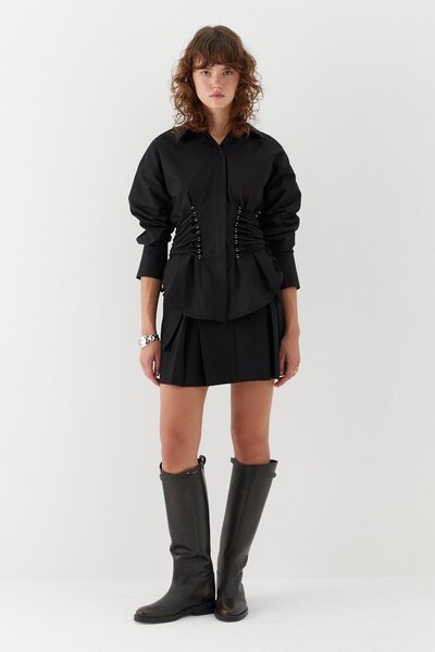 MARKALİSTE Long Shirt with Side Rope Detail Black