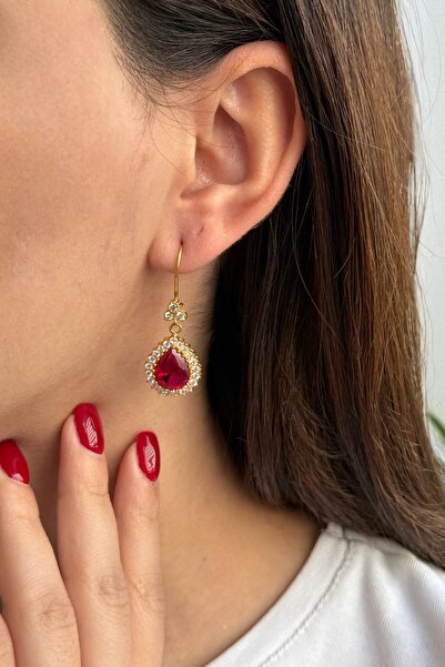 Utku Kuyumculuk 22 AYAR KIRMIZI DAMLA TAŞLI ÖZEL TASARIM SALLANTILI KÜPE