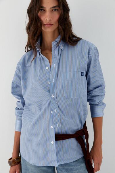 MARKALİSTE Striped Oversize Poplin Shirt Blue