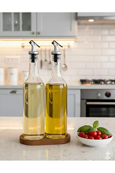 BÜYÜLÜ HOME 2'Li Cam Şeffaf 750 ml Ayçiçek Yağı Zeytinyağı Şişesi Yağdanlık