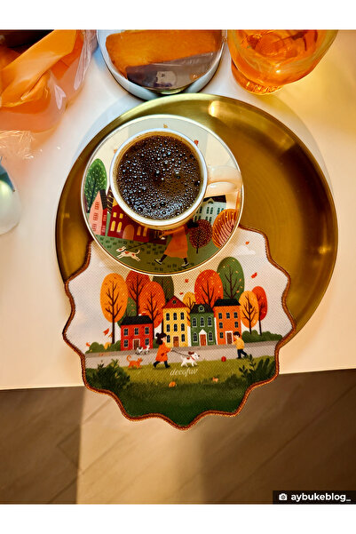 decofav Sonbahar Kasaba Manzaralı Tasarım Nakış Kenar Kumaş Kokteyl Peçetesi ...