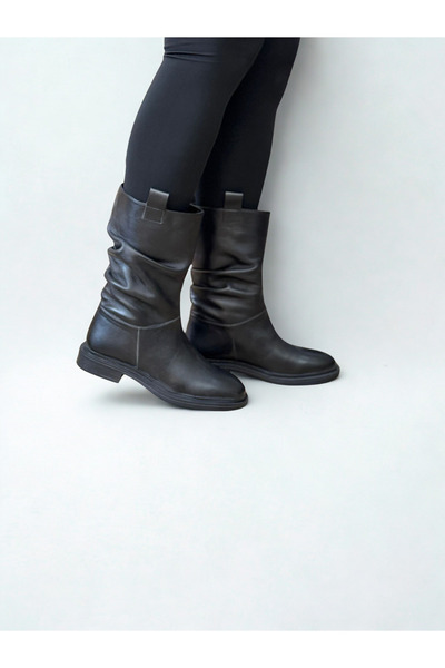 NE&VE SHOES Siyah Hakiki Deri Körüklü Rahat Kadın Günlük Çizme