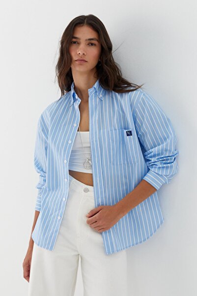 MARKALİSTE Striped oversize poplin shirt light blue