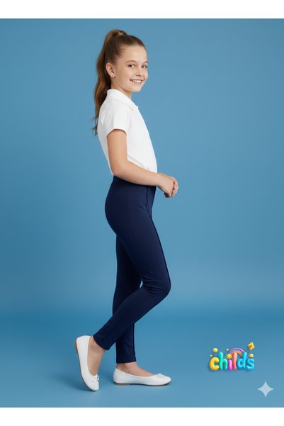 childs Steel Interlock Navy Blue Cotton Lycra Girls' Skinny Leggings for School