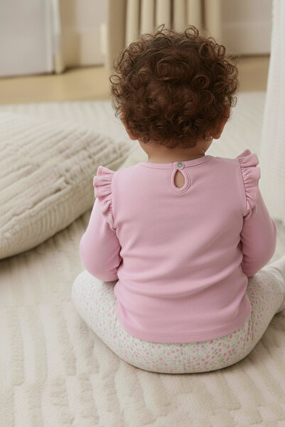 Minipodyum Baby Girl Bottom Top Set with Ruffled Shoulder Bandana and Floral Printed Leggings