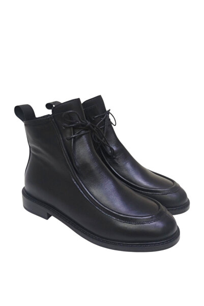 DRY SHOES Hakiki Deri Siyah Kadın Bot Ayakkabı Yuvarlak Burun Düz Taban Fermuarlı Bağcıklı Dikişli DRY-2119