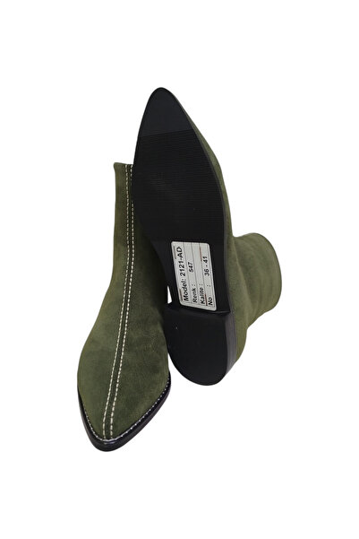 DRY SHOES Hakiki Deri Yeşil Süet Kadın Bot Ayakkabı Sivri Burun Düz Taban Fermuarlı Önden Dikişli DRY-2121-AD