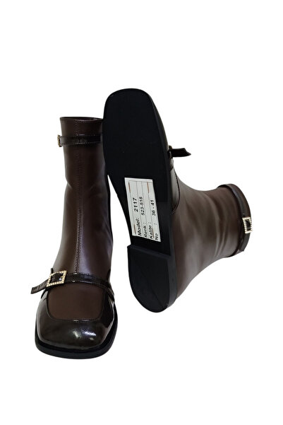 DRY SHOES Hakiki Deri Kahve Rugan Kahve Deri Kadın Bot Ayakkabı Küt Burun Düz Taban Fermuarlı Tokalı DRY-2117