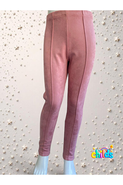 childs Süet Şardonsuz Pembe Likralı Kız Çocuk Nervür Dikişli Pantolon Tayt