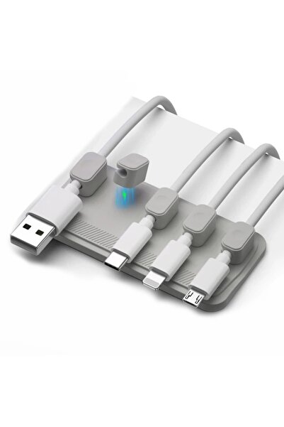 Timebox Organizator magnetic de cabluri din silicon, 5 sloturi, reutilizabil, autoadeziv, pentru noptieră de birou, gri