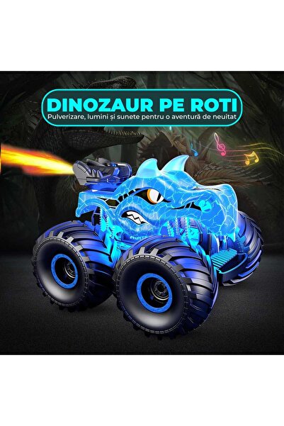 Timebox Mașină telecomandă, camion monstru cu dinozauri, 4x4, lumini LED, pulverizare, rotație 360°, pentru copii