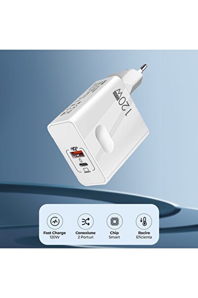 Timebox Network Charger, 2 Ports, 120W Fast-Charge, 1 x Type-C, 1 x USB Q,C 3.0, White