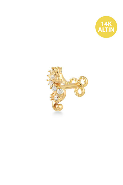 KURSHUNI Taşlı Denizatı, 14 Ayar Altın Kıkırdak Küpe/Piercing (TEK Satılır) B...