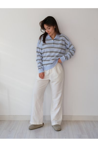 Butik Una Fiaba - Blue Striped Women's Three-Button Shirt Collar Knit Sweater