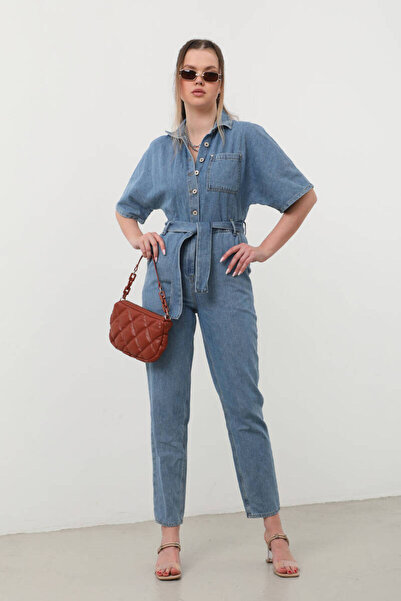 BANNY JEANS Salopetă de damă cu mânecă liliac, albastră