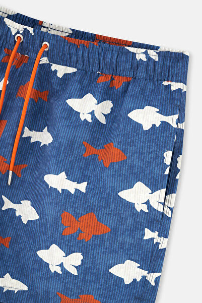 Dagi Lacivert-Kiremit Kısa Balık Desenli Deniz Şortu