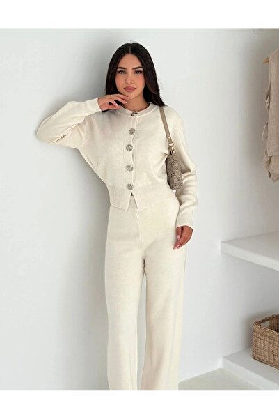 MAXXANA Σετ πλεκτών δύο τεμαχίων με λεπτή εφαρμογή, κομψή ζακέτα και παντελόνι με φαρδύ πόδι