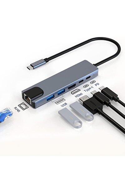 Timebox Hub USB 6 în 1 2 x Tip-C Ethernet USB 3.0 USB 2.0 HDMI 4K 5 Gbps Aluminiu