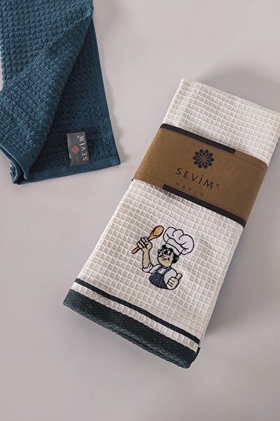 Sevim 2 Pack Embroidered Kitchen Towels - Cobalt Blue - Cotton with Chef Figure 40X60 cm